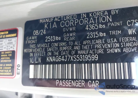 2025 Kia K5 Gt-Line z USA, uszkodzony, nr VIN KNAG64J7XS5319599